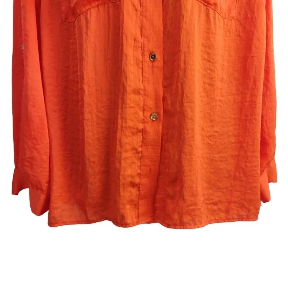 Michael Kors Women's Orange Roll-up Tan Sleeve Button Up Shirt Sz OX